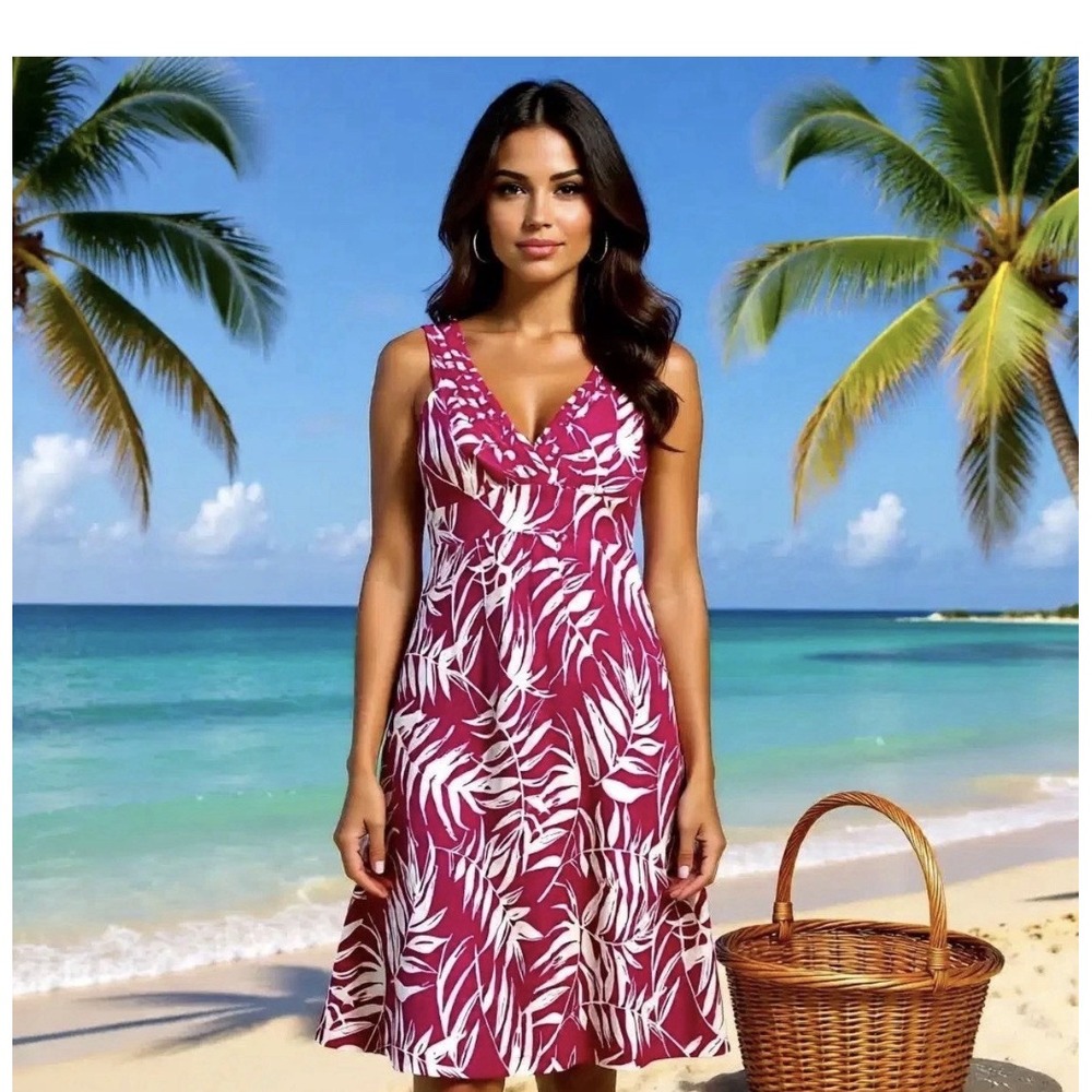 Tommy Bahama Magenta Pink Tropical Leaf Print V-Neck Sundress Smocked Back M